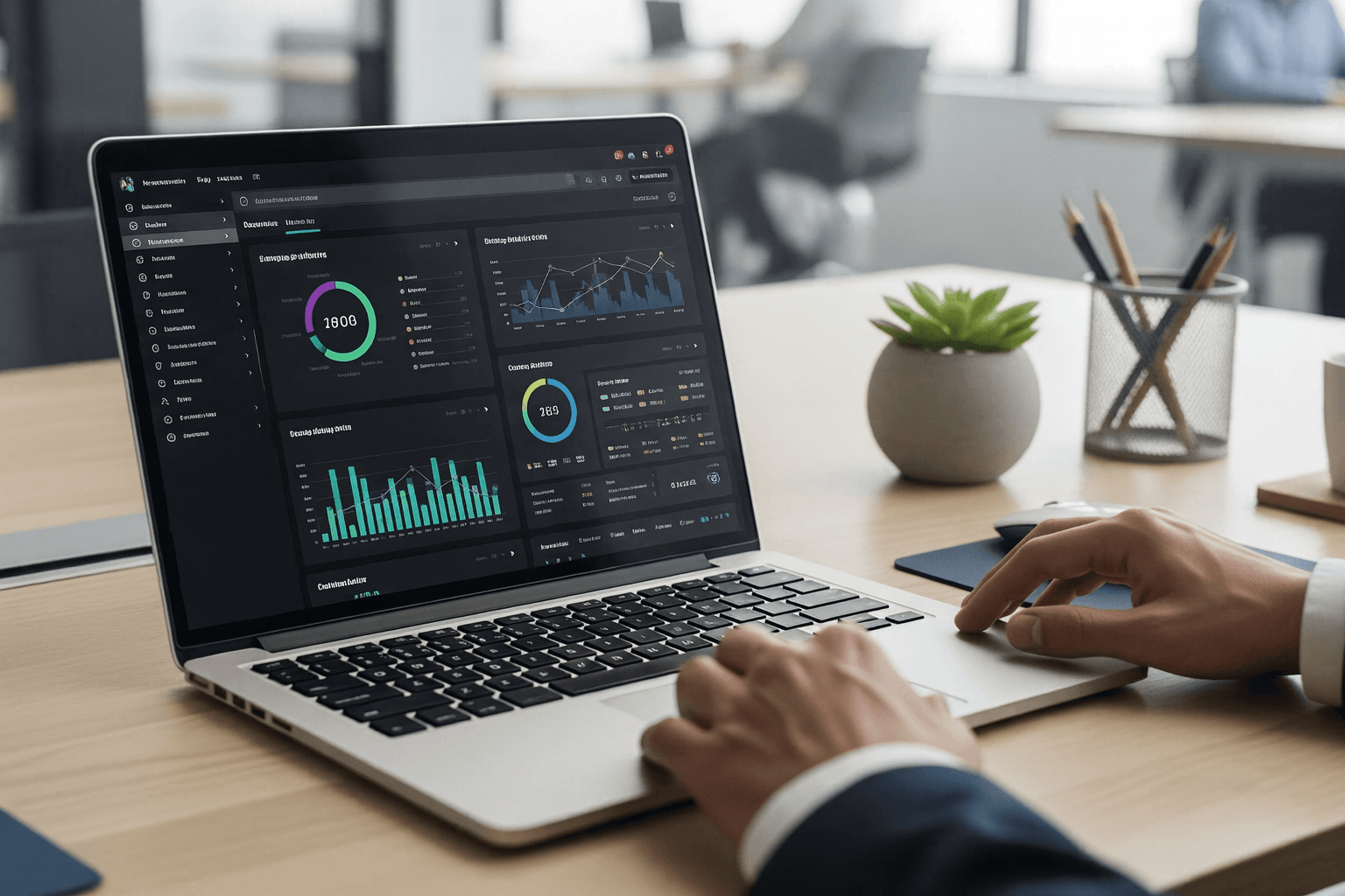 A person analyzing marketing strategy data on a laptop dashboard.