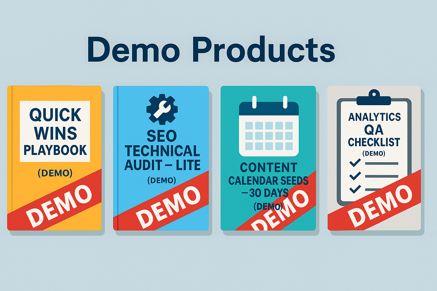Collage of digital product cards for demo purchases.